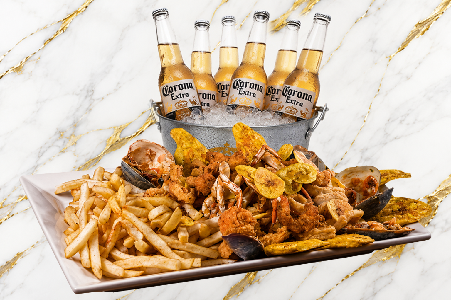 Picada de Mariscos grande con cubetazo de cervezas